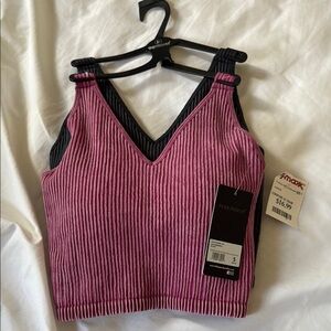 Pink and Black Ribbed V-Neck Top by